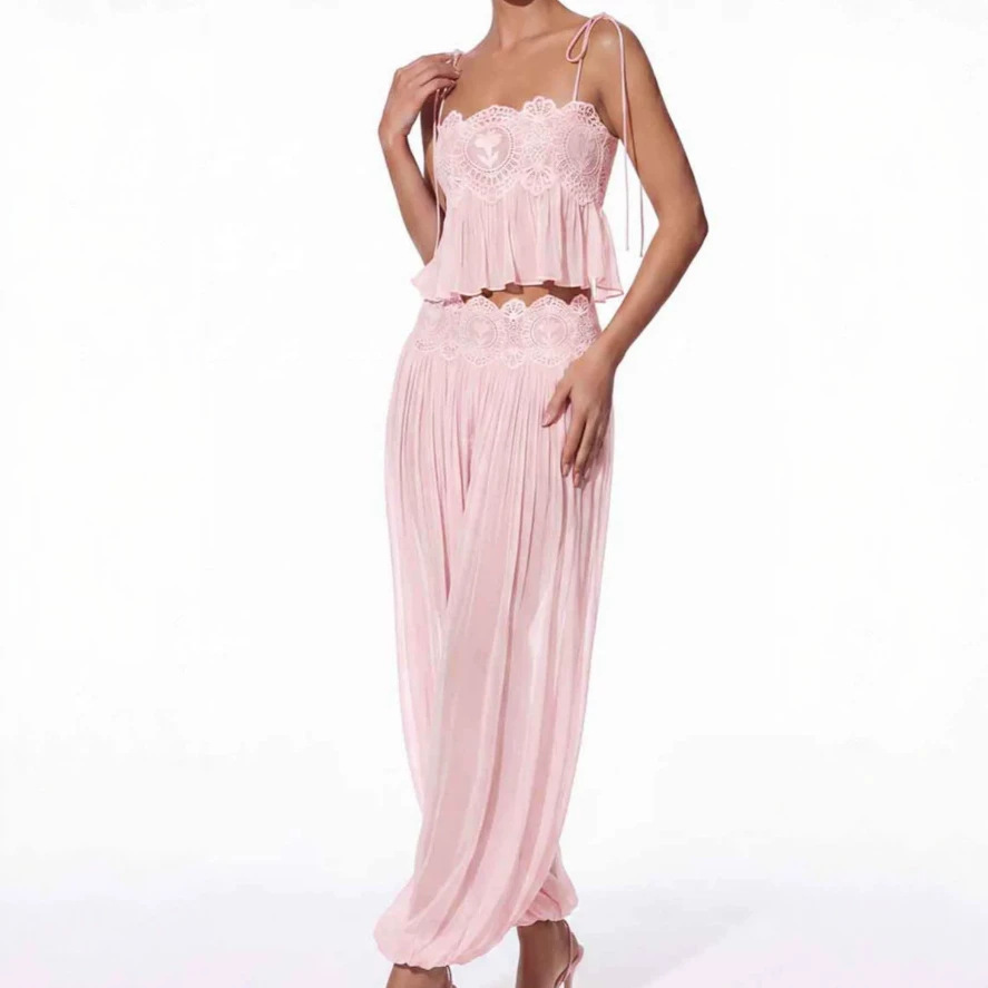 Lace Trim Cami - Women Long Pant Set Square Neck