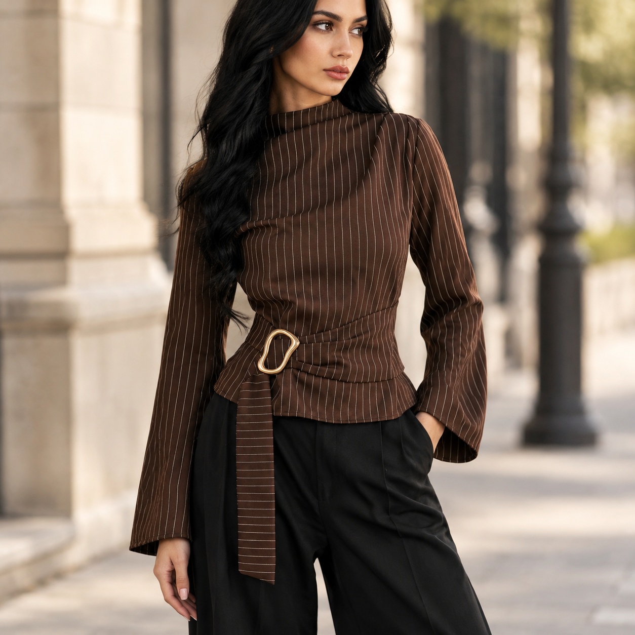 Tie Bell Sleeve Top Fitted Wai - Women Fashion Necktie recension och pris